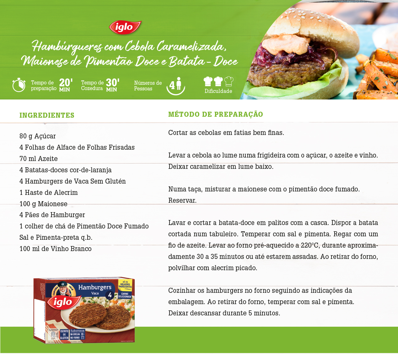 Hamburgueres com Cebola Caramelizada, Maionese de Pimentão Doce e Batata Doce