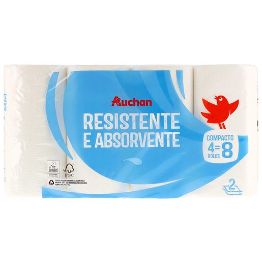 AUCHAN Rolo de Cozinha Resistente Absorvente 2 Folhas (4=8 Rolos) 4 un