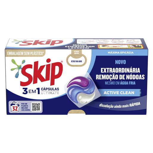 SKIP Detergente Máquina Roupa Cápsulas 3 em 1 Active Clean 32 lv