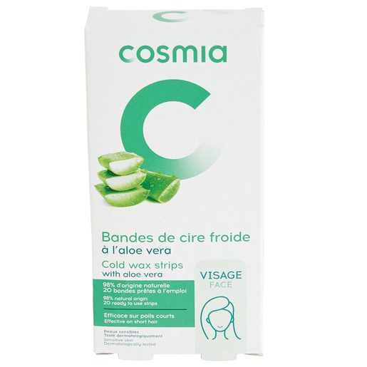 COSMIA Bandas Cera Fria Facial Pele Sensível com Aloé Vera 20 un