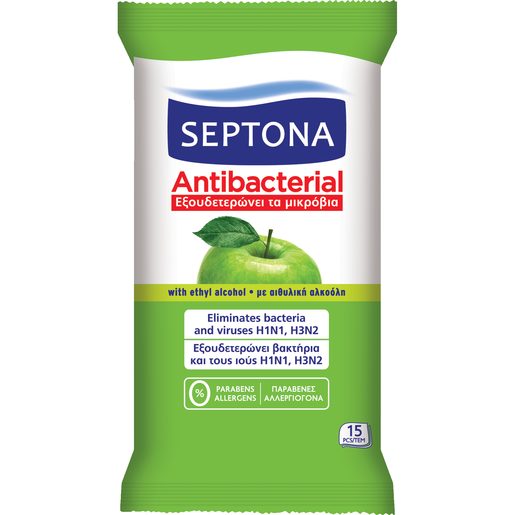 SEPTONA Toalhita Desinfetante Antibacteriana Maçã Verde 15 un