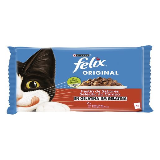 FELIX Alimento Húmido Para Gato com Pedaços de Frango e Vaca em Gelatina 4x85 g